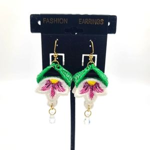 Handmade Floral Earrings with Swarvarski Crystal Drop- Brand New